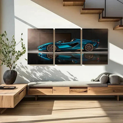 3pcs Blue Color Super Car Modern Vehicle Wall Art Set Canvas Framed 50x70cm - High Quality Print 100% Australian Made Wall Canvas Ready to Hang - Bella Home Decor