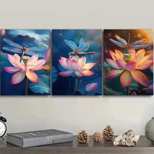 3pcs Dragonflies Resting on Lotus Flowers   Wall Art Set Canvas Unframed - High Quality Print 100% Australian Made Wall Canvas - Bella Home Decor