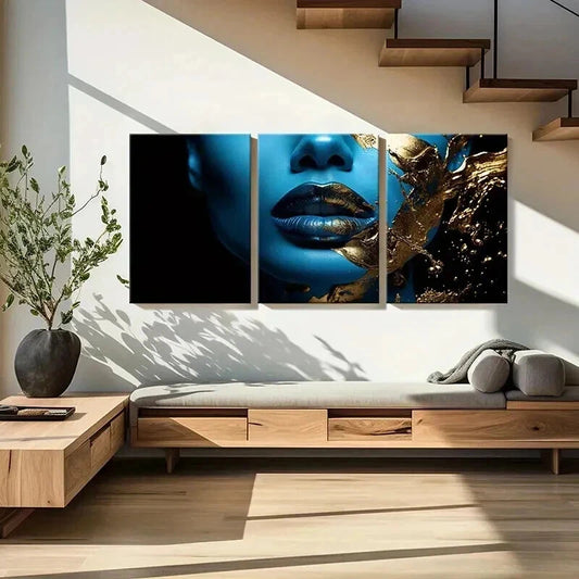 3pcs Golden Lips Abstract Blue Face Wall Art Set Canvas Framed 50x70cm - High Quality Print 100% Australian Made Wall Canvas Ready to Hang