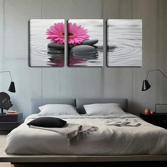 3pcs Bright Pink Gerbera on Rocks Perfect Wall Art Set Canvas Framed 40x60cm - High Quality Print 100% Australian Made Wall Canvas Ready to Hang