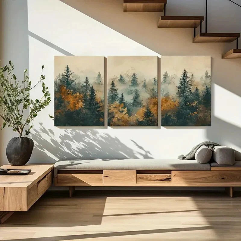 3pcs Misty Forest Silhouettes Autumn Colors Metal Print Ready to Hang Art - Bella Home Decor