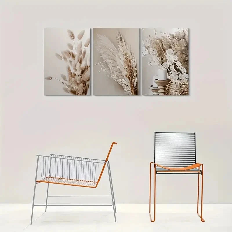 3pcs Bohemian Mural Dried Flowers And Candles Metal Print Ready to Hang Art - Bella Home Decor