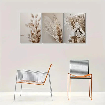 3pcs Bohemian Mural Dried Flowers And Candles Metal Print Ready to Hang Art - Bella Home Decor