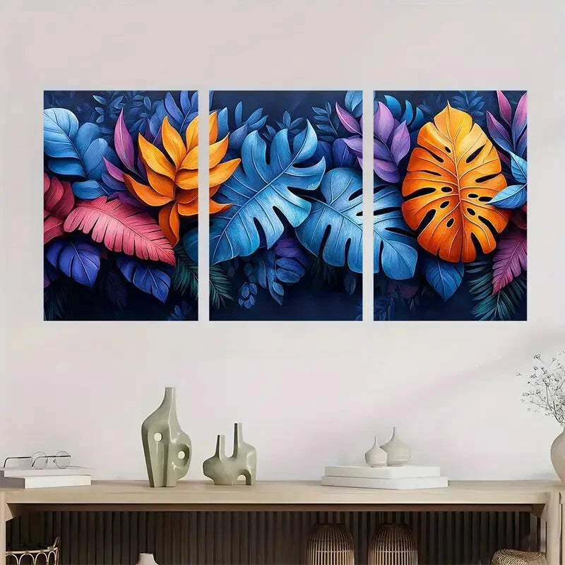 3pcs Vibrant Tropical Leaf Jungle Scene Metal Print Ready to Hang Art - Bella Home Decor