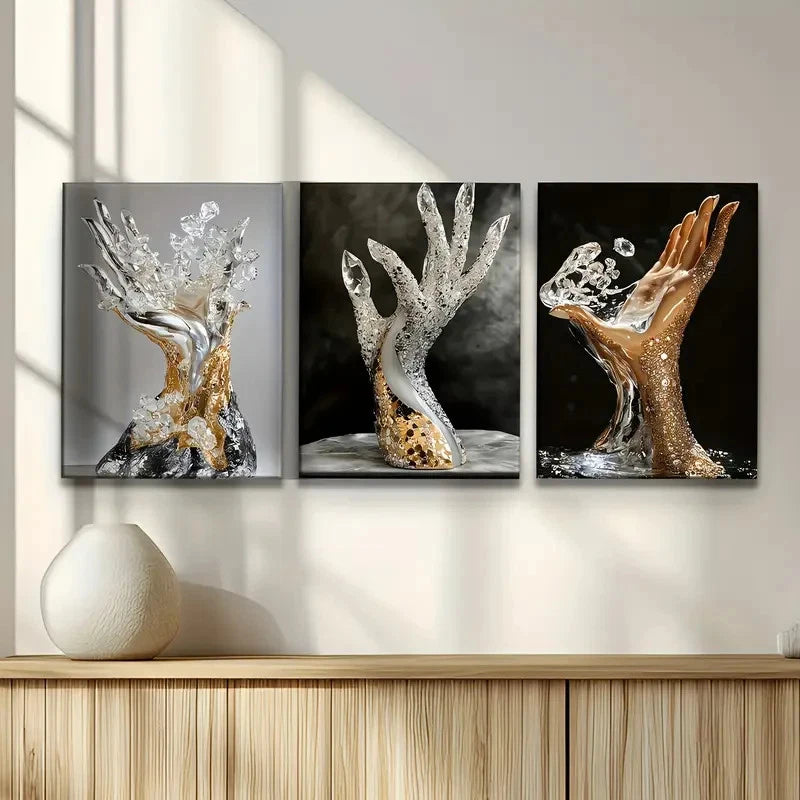 3pcs Golden and Silvery Hand-Carved Metal Print Ready to Hang Art - Bella Home Decor