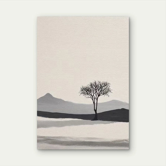 Minimalist Black Tree, Beige, White, Gray Palette 60x90cm Metal Print Ready to Hang