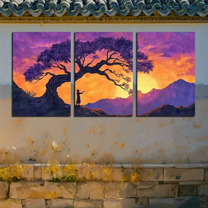 3pcs Sunset Tree Landscape, Purple Sky Metal Print Ready to Hang Art - Bella Home Decor
