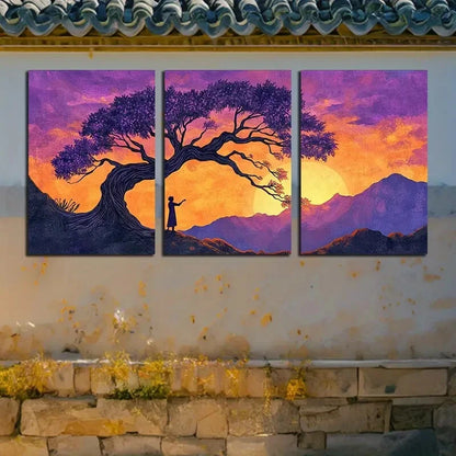 3pcs Sunset Tree Landscape, Purple Sky Metal Print Ready to Hang Art - Bella Home Decor