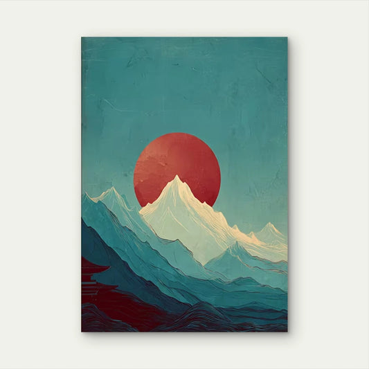 Blue & Red Sun/Moon Mountain Landscape 60x90cm Metal Print Ready to Hang