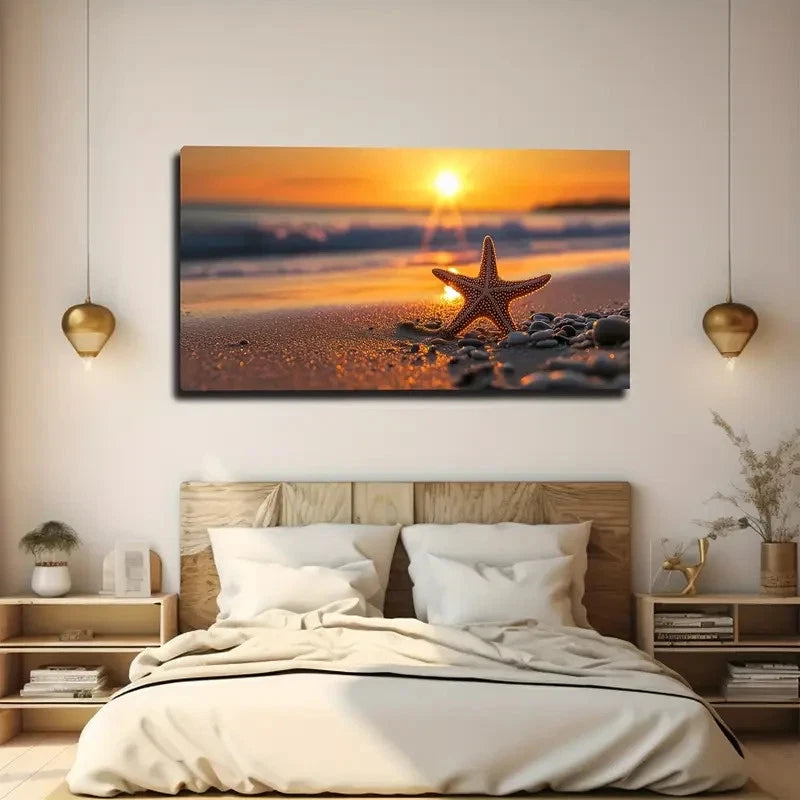 Sunset Beach With Starfish Wall Art Canvas Office Home Room Framed 120x60cm