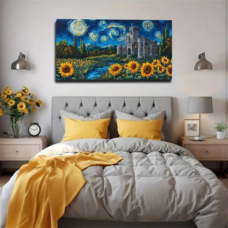 Castle Sunflowers Starry Sky Wall Art Canvas Office Home Room Framed 120x60cm