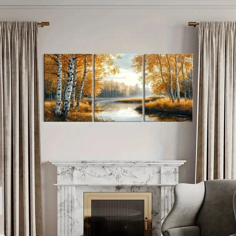 3pcs Autumn Forest Landscape Birch Trees Metal Print Ready to Hang Art - Bella Home Decor