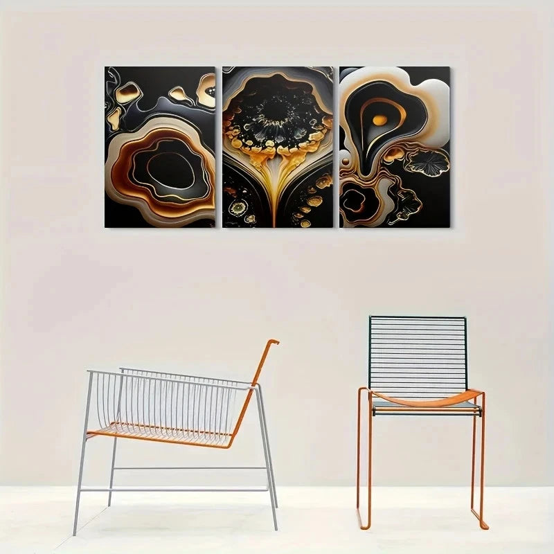3pcs Modern Geode Painting Black Golden White Metal Print Ready to Hang Art - Bella Home Decor