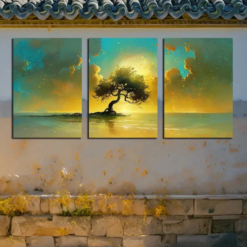 3pcs Vibrant Sunset Tree by the Lake Scene Metal Print Ready to Hang Art