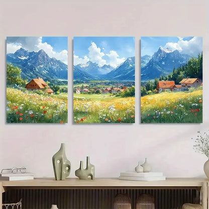 3pcs European Countryside Mountain Landscape Metal Print Ready to Hang Art - Bella Home Decor
