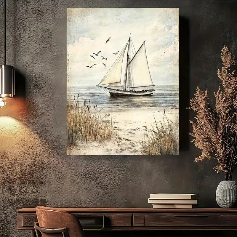 Beautiful Beachside Serenity Coastal Sailboat Painting 40x60cm Metal Print Ready to Hang - Bella Home Decor