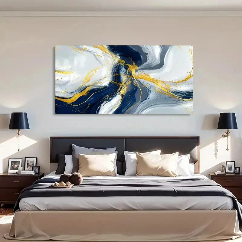 Abstract Blue Golden Grey Wall Art Canvas Office Home Room Framed 120x60cm