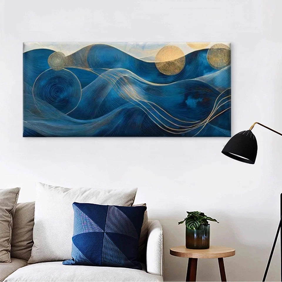 Abstract Waves Golden Blue Wall Art Canvas Office Home Room Framed 120x60cm