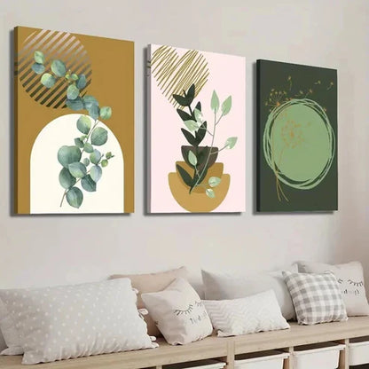 3pcs Green & Golden Eucalyptus Leave & Dandelion Wall Art Set Canvas Unframed - High Quality Print 100% Australian Made Wall Canvas