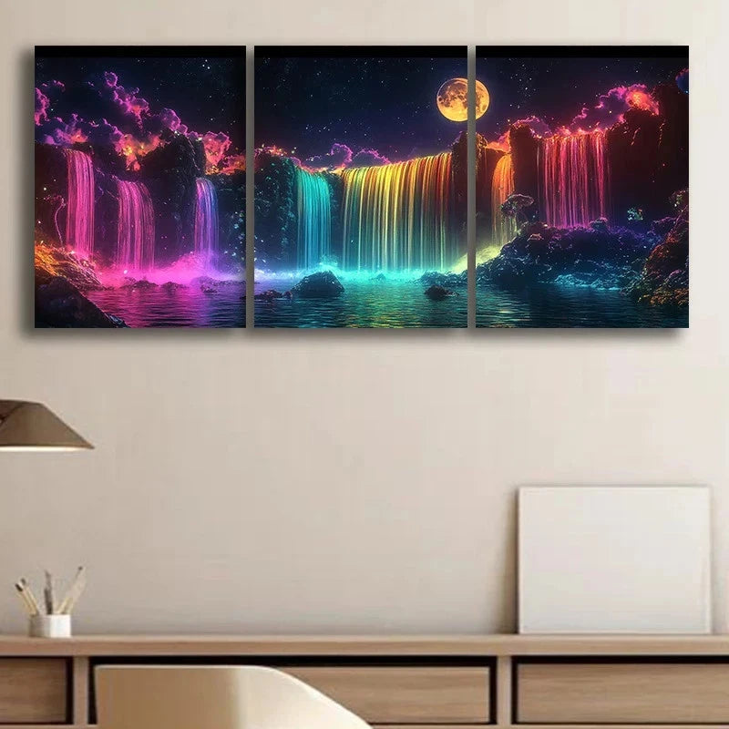 3pcs Vibrant Rainbow Waterfall Scenery Metal Print Ready to Hang Art