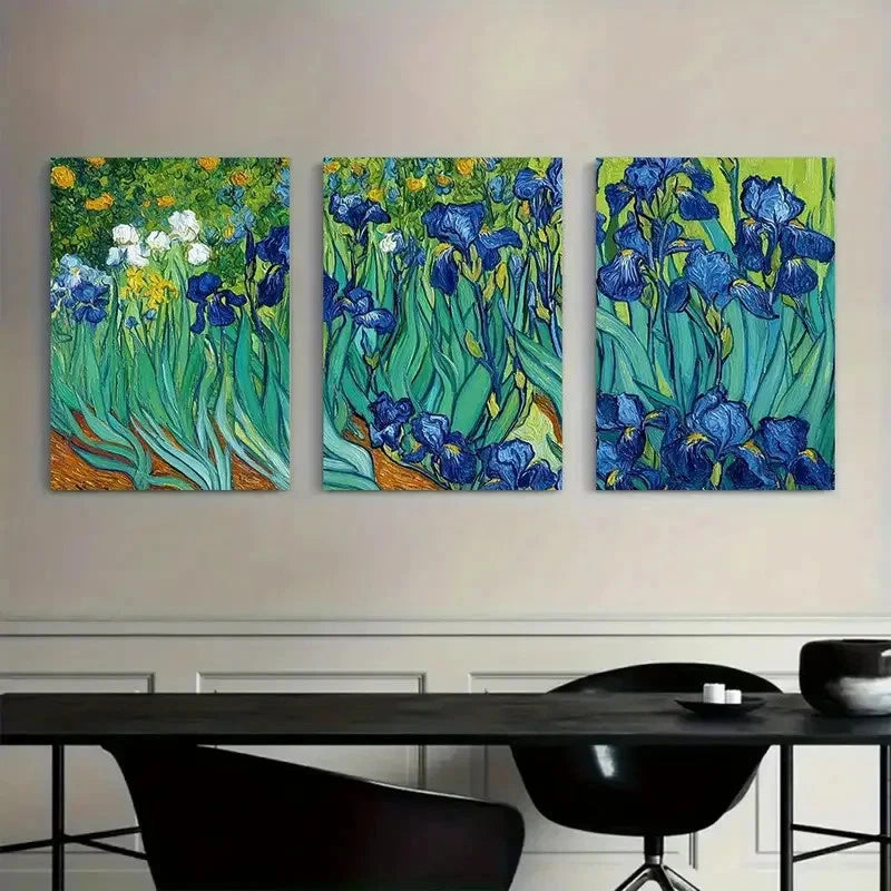 3pcs Field of Blue Irises in Full Bloom Painting Metal Print Ready to Hang Art - Bella Home Decor