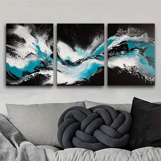 3pcs Black, White, And Turquoise Abstract Metal Print Ready to Hang Art