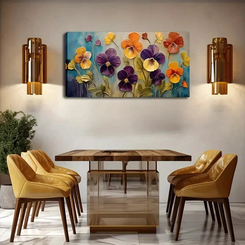 Violets & Hydrangeas Pansies Wall Art Canvas Office Home Room Framed 120x60cm - Bella Home Decor