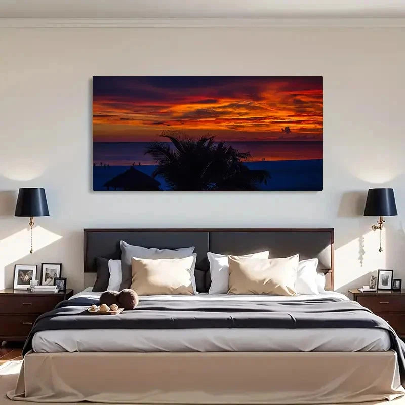 Sunset Palm Trees Ocean View Wall Art Canvas Office Home Room Framed 120x60cm