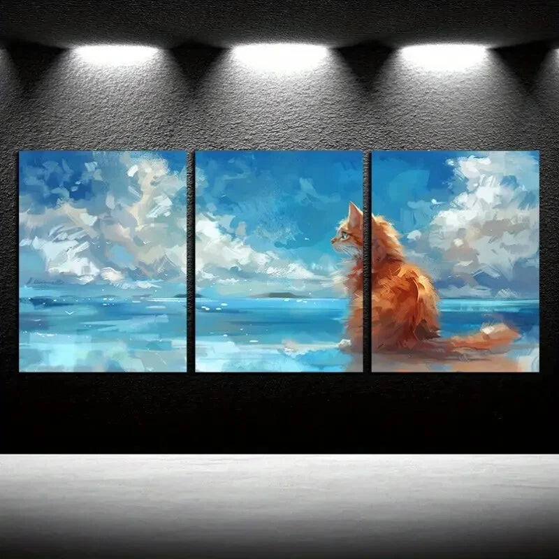 3pcs Calm Sea, Cotton-Like Clouds, and A Deep Blue Metal Print Ready to Hang Art - Bella Home Decor