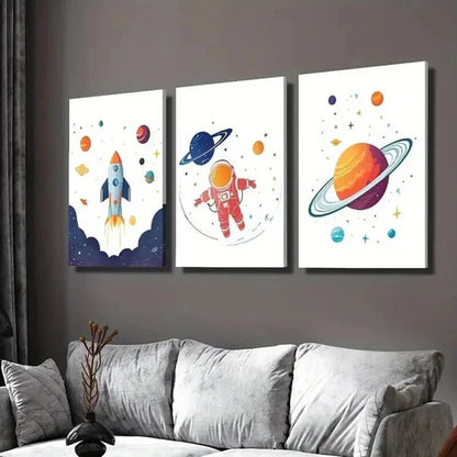 3pcs Astronaut With Rocket Floating in Space Wall Art Set Canvas Unframed - High Quality Print 100% Australian Made Wall Canvas - Bella Home Decor