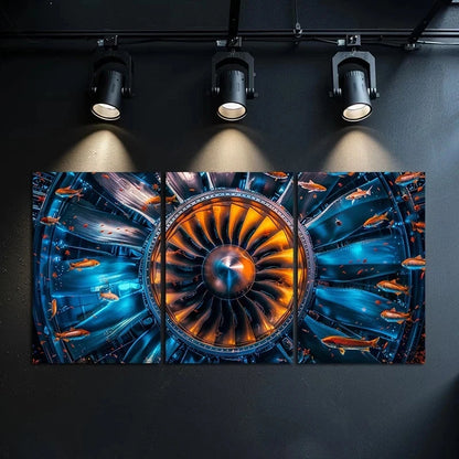 3pcs Inner View of An Aircraft Engine Metal Print Ready to Hang Art