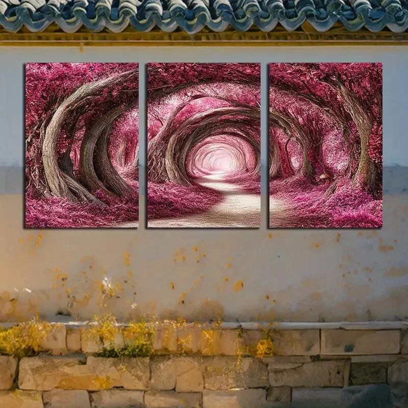 3pcs Enchanting Pink Forest with Pathway Metal Print Ready to Hang Art - Bella Home Decor