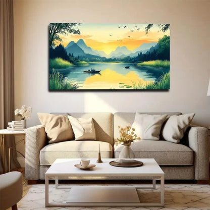 Serene Sunset Lake Scene Wall Art canvas office home room framed 120x60cm