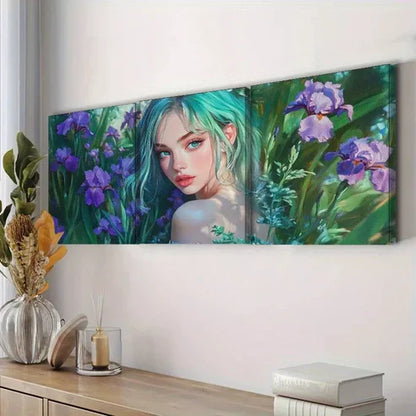 3pcs Purple Flowers Lady With Green Eyes Wall Art Set Canvas Unframed - High Quality Print 100% Australian Made Wall Canvas