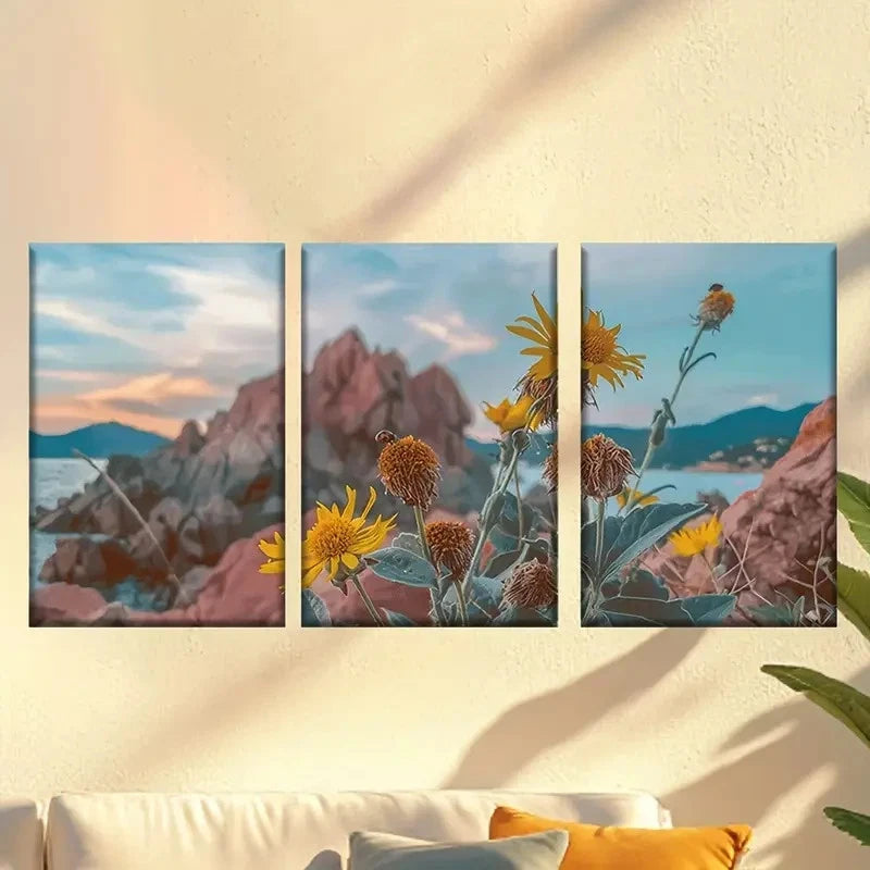 3pcs Flowers on the cliffs Wall Art Set Canvas Framed 50x70cm - High Quality Print 100% Australian Made Wall Canvas Ready to Hang - Bella Home Decor