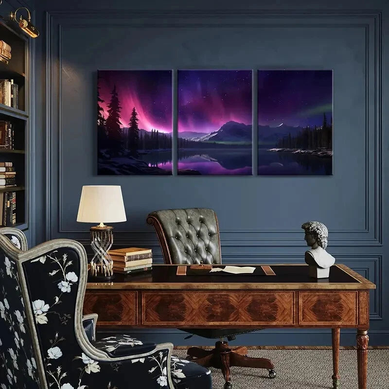 3pcs Aurora Borealis Mountain Range Starry Sky Metal Print Ready to Hang Art - Bella Home Decor