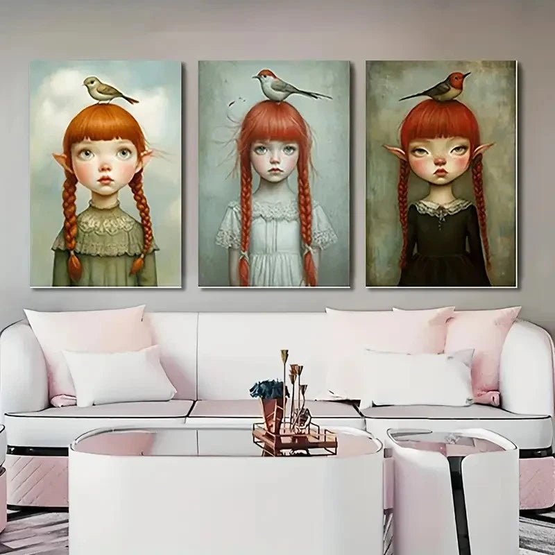 3pcs Vintage Cartoon Woman & Birds CWB  Wall Art Set Canvas Framed 50x70cm - High Quality Print 100% Australian Made Wall Canvas Ready to Hang - Bella Home Decor