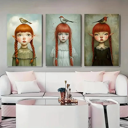 3pcs Vintage Cartoon Woman & Birds CWB  Wall Art Set Canvas Framed 50x70cm - High Quality Print 100% Australian Made Wall Canvas Ready to Hang - Bella Home Decor