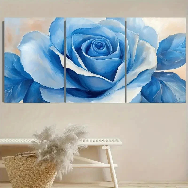3pcs Blue Rose and Beige Flower Metal Print Ready to Hang Art - Bella Home Decor