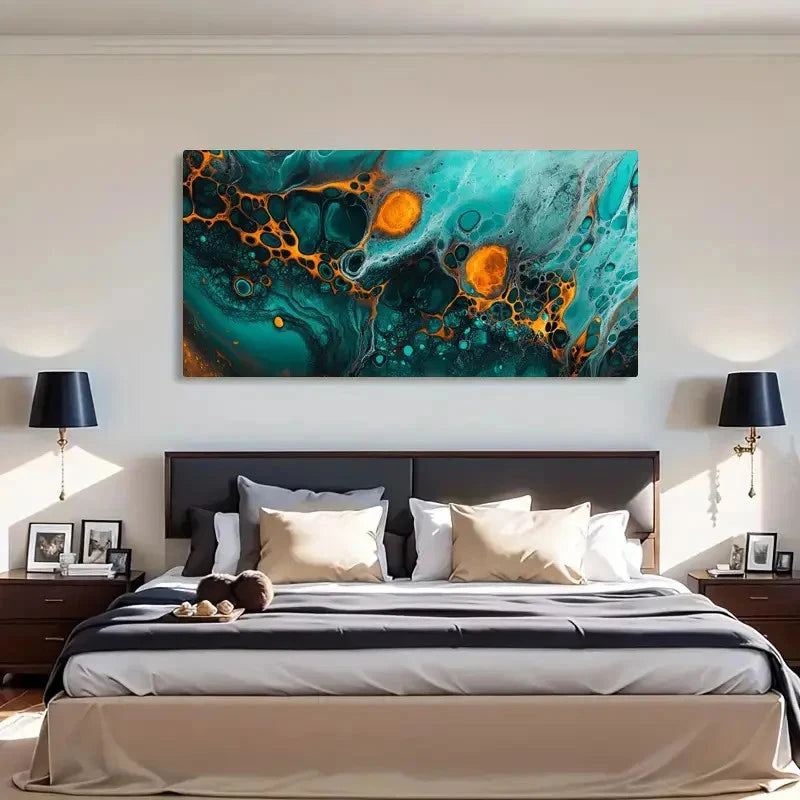 Orange & Teal Fluid Abstract Wall Art Canvas Office Home Room Framed 120x60cm - Bella Home Decor