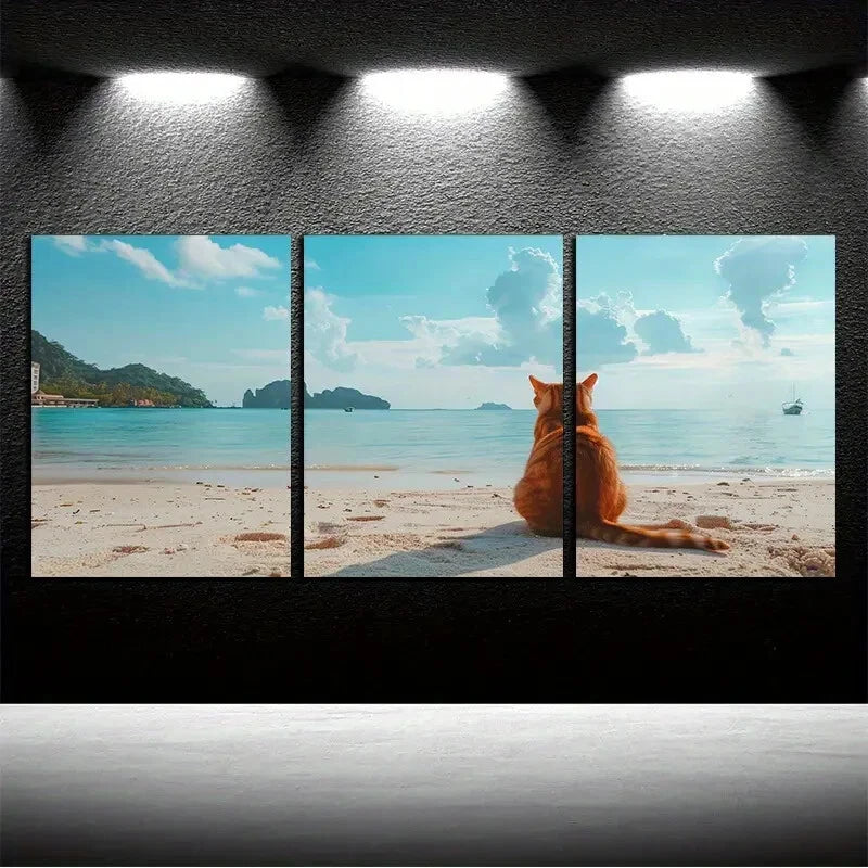 3pcs Very Cute Little Cat Is Resting By The Shore Metal Print Ready to Hang Art - Bella Home Decor