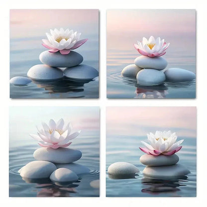 4pcsBlooming Flowers And Stones Wall Art Canvas Framed