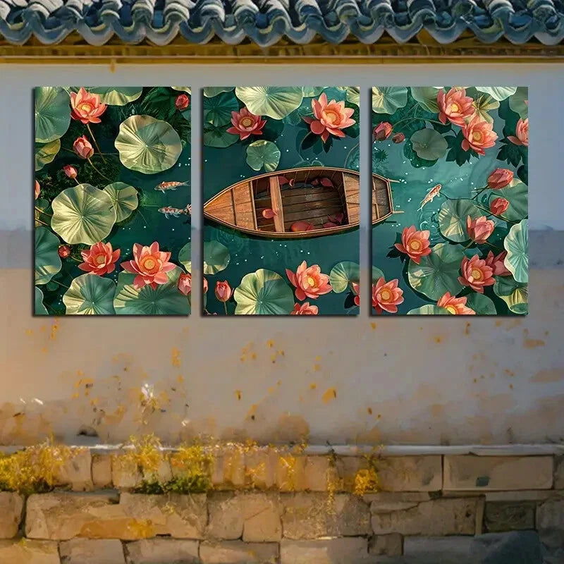 3pcs Vibrant Lotus Pond with Boat and fishes Metal Print Ready to Hang Art - Bella Home Decor