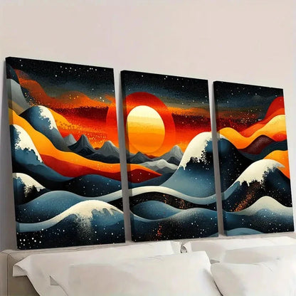 3pcs Bauhaus Geometric Sun and Waves H   Wall Art Set Canvas Framed 50x70cm - High Quality Print 100% Australian Made Wall Canvas Ready to Hang - Bella Home Decor