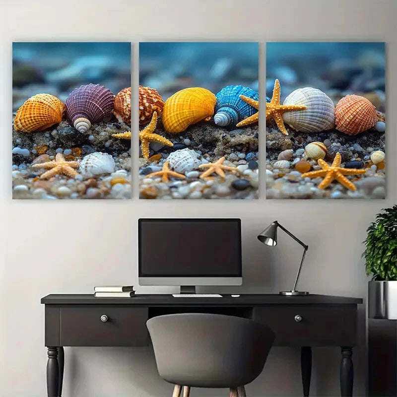 3pcs Colorful Seashells and Starfish Metal Print Ready to Hang Art - Bella Home Decor