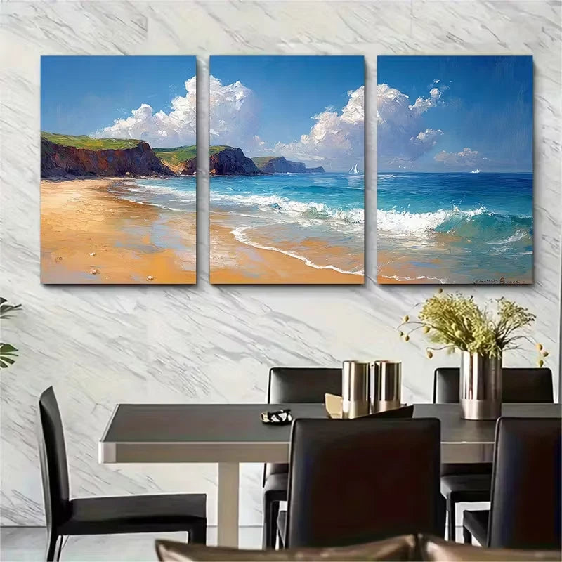 3pcs Cornish Coastline Painting Metal Print Ready to Hang Art - Bella Home Decor