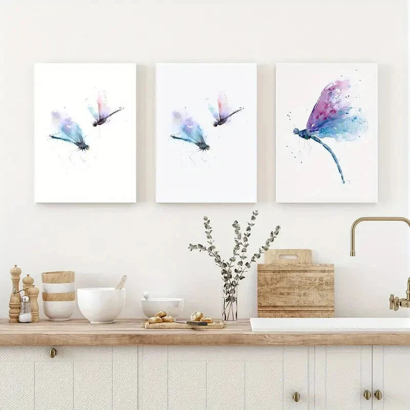3pcs Artistic Ink Dragonfly Watercolor Metal Print Ready to Hang Art - Bella Home Decor