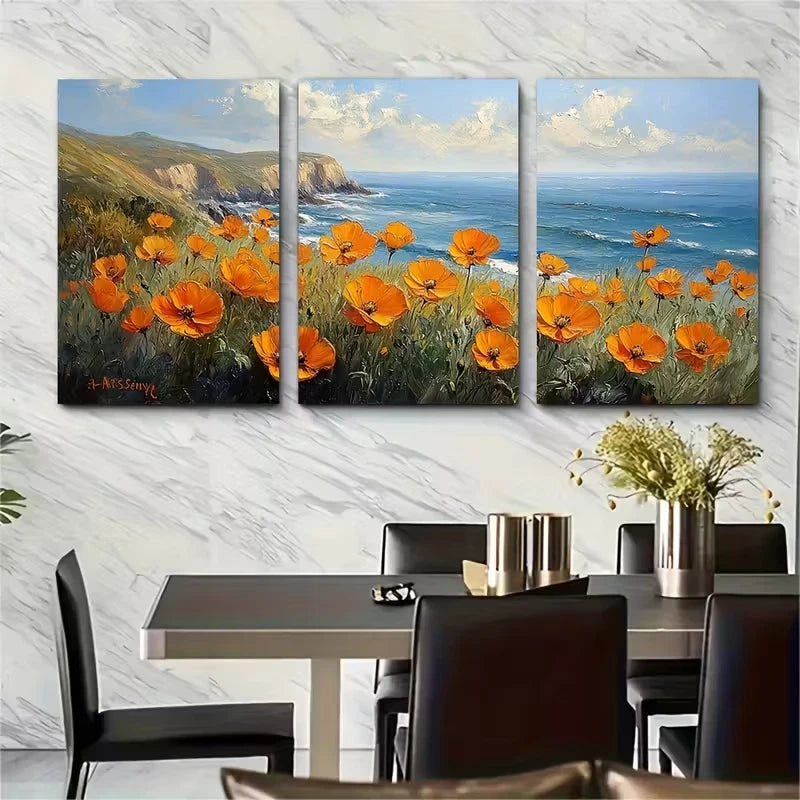 3pcs Painting of California Poppies in a Seascape Metal Print Ready to Hang Art