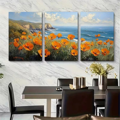 3pcs Painting of California Poppies in a Seascape Metal Print Ready to Hang Art