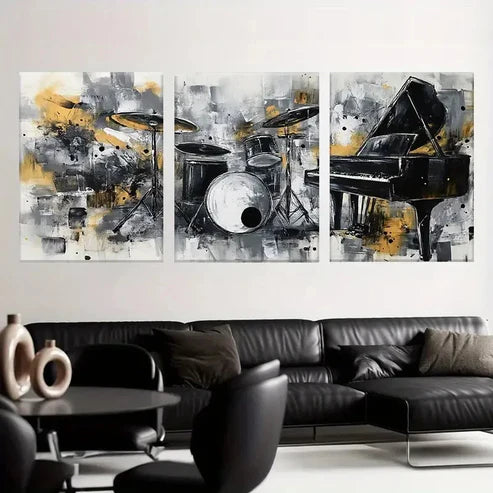 3pcs Piano & Drums Abstract Gray Yellow Wall Art Canvas - High Quality Print 100% Australian Made Wall Canvas